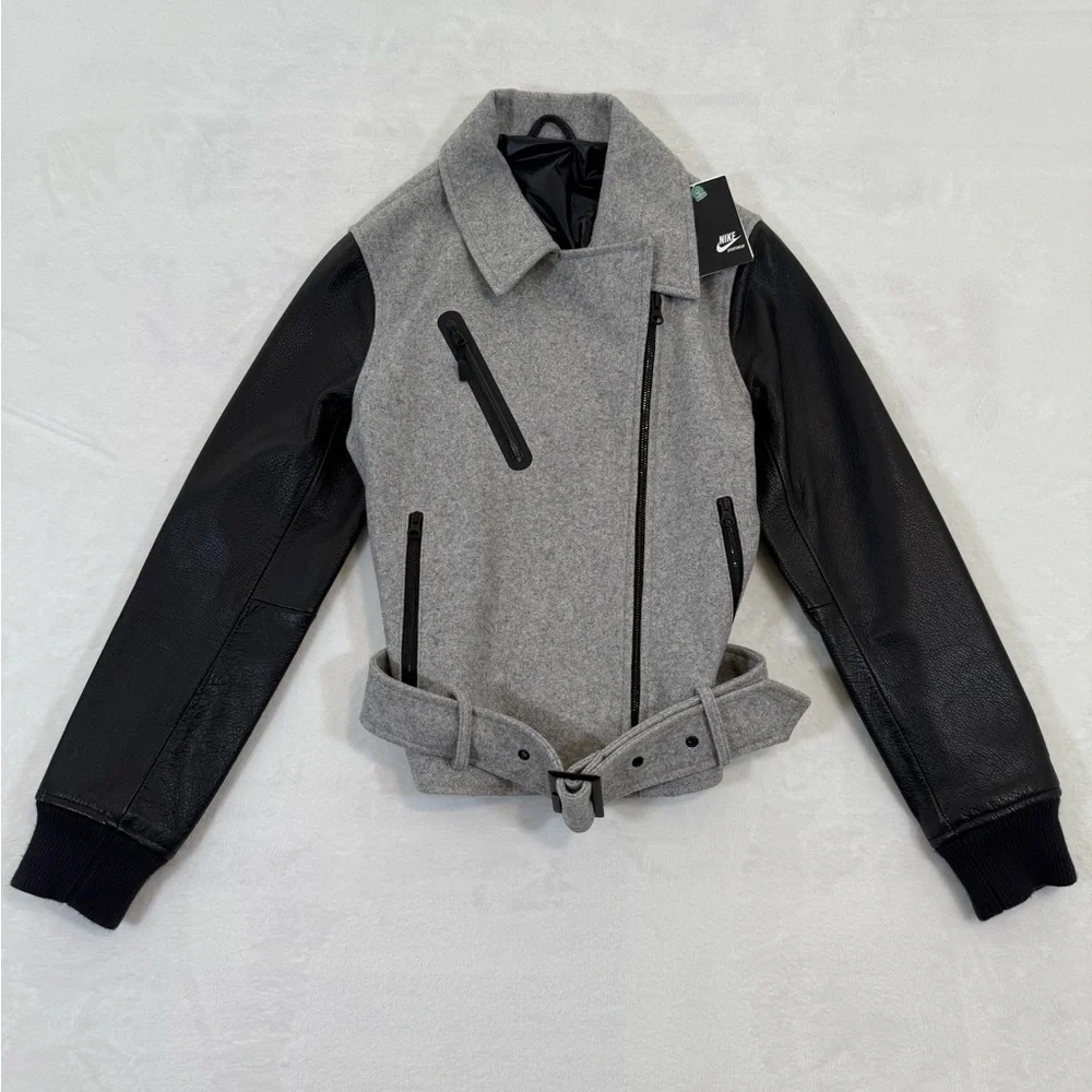NWT Nike NSW Womens Size XS Gray Wool Destroyer Jacket Moto Bomber Leather